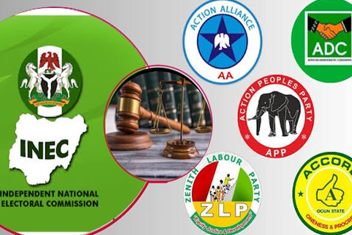 Collage of Nigerian political logos around a central gavel and scales, suggesting law and governance themes.