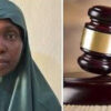 Split image: woman in a green hijab on the left and a judge's wooden gavel on the right.
