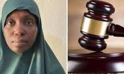 Split image: woman in a green hijab on the left and a judge's wooden gavel on the right.