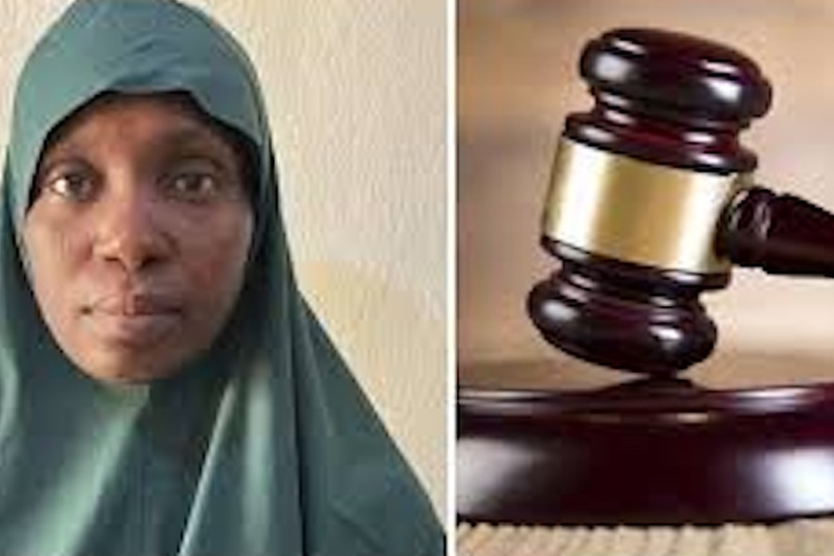 Split image: woman in a green hijab on the left and a judge's wooden gavel on the right.