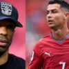 Split image showing a man with a black cap on the left and Cristiano Ronaldo in a Portugal red jersey on the right.