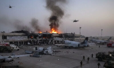 Blazing fire and dark smoke rise from a damaged airport terminal with wrecked aircraft on the tarmac and emergency responders nearby.