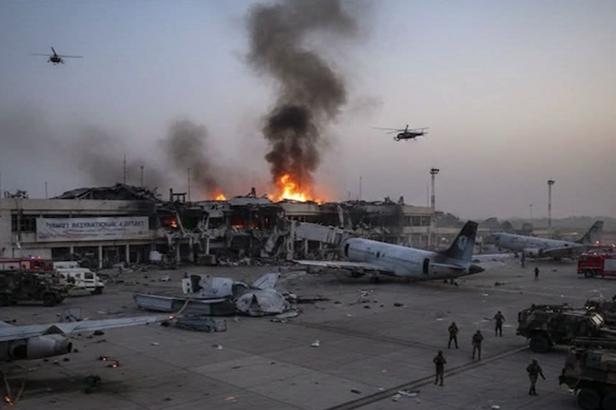 Blazing fire and dark smoke rise from a damaged airport terminal with wrecked aircraft on the tarmac and emergency responders nearby.