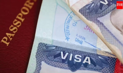 Close-up of a red passport cover beside a stack of currency notes and a Visa card partially visible (informative image: travel documents and money).