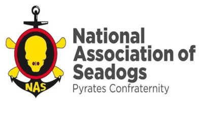 NAS logo: skull inside a red oval on an anchor with yellow wings, and the text 'National Association of Seadogs Pyrates Confraternity'