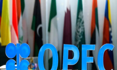 Blue OPEC sign in front of international flags, indicating an energy or international relations setting.