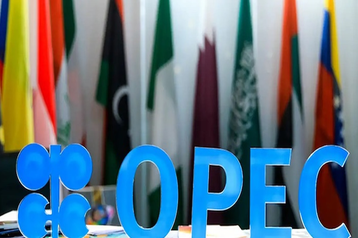 Blue OPEC sign in front of international flags, indicating an energy or international relations setting.