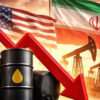 Oil barrels and rigs with a red downward arrow, set against U.S. and Iran flags, signaling falling oil prices.