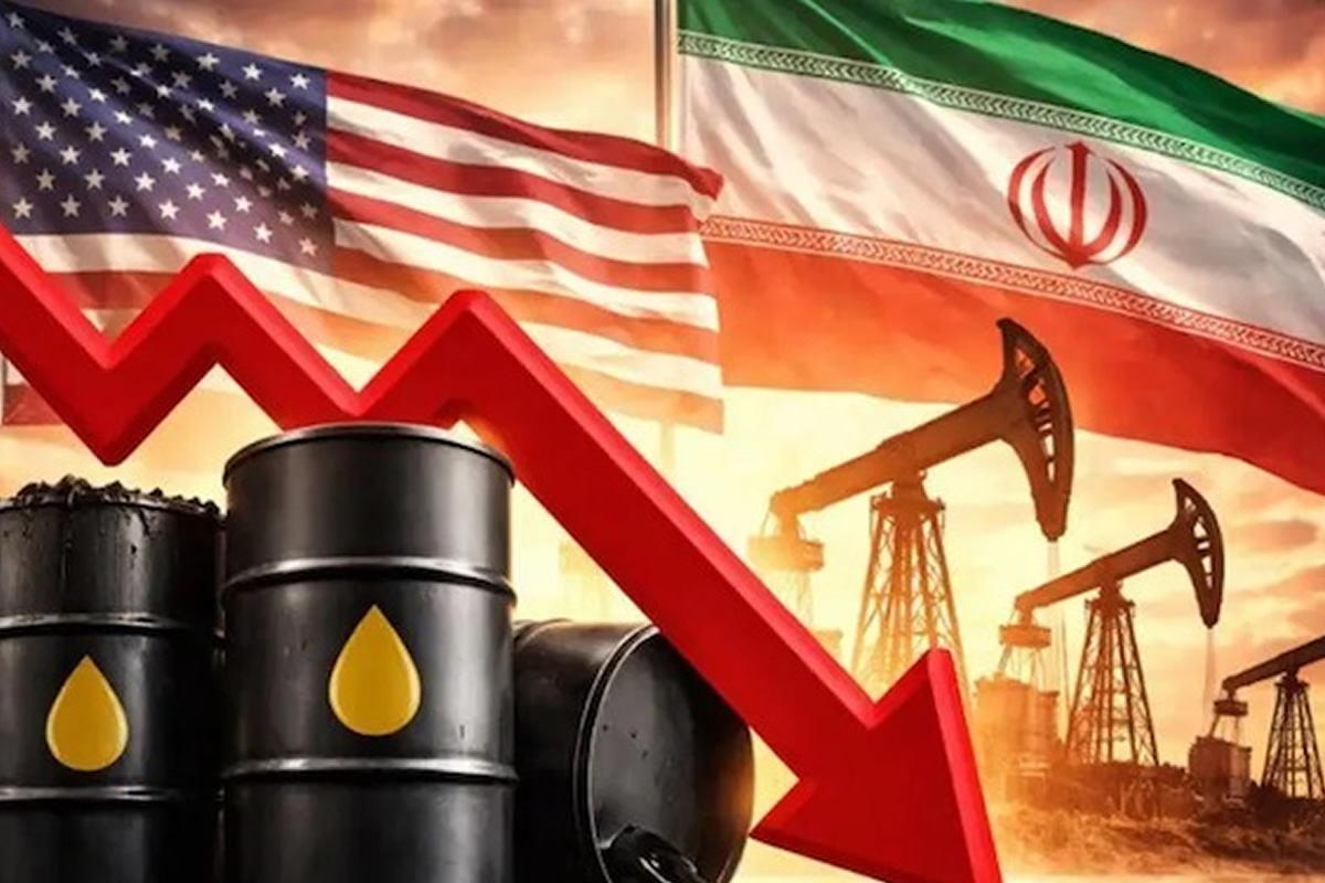 Oil barrels and rigs with a red downward arrow, set against U.S. and Iran flags, signaling falling oil prices.