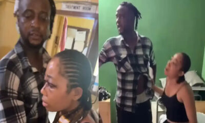 Tall man in a plaid shirt stands close to a distressed woman indoors; left panel shows them in a doorway, right panel shows him angrily addressing her in a green-room setting.
