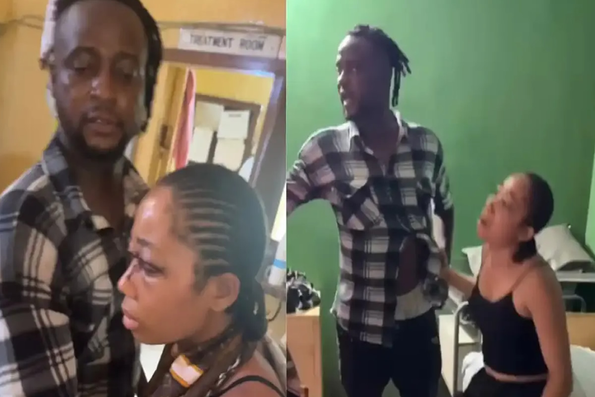 Tall man in a plaid shirt stands close to a distressed woman indoors; left panel shows them in a doorway, right panel shows him angrily addressing her in a green-room setting.