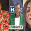 Three-panel collage: man in a red patterned shirt with gold chains, center a female news anchor in a green blazer, right a distressed woman speaking.
