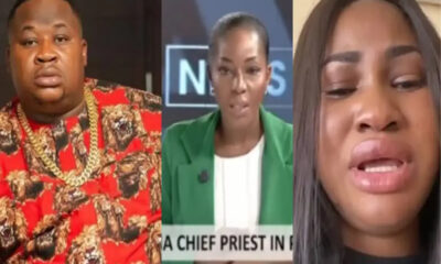 Three-panel collage: man in a red patterned shirt with gold chains, center a female news anchor in a green blazer, right a distressed woman speaking.