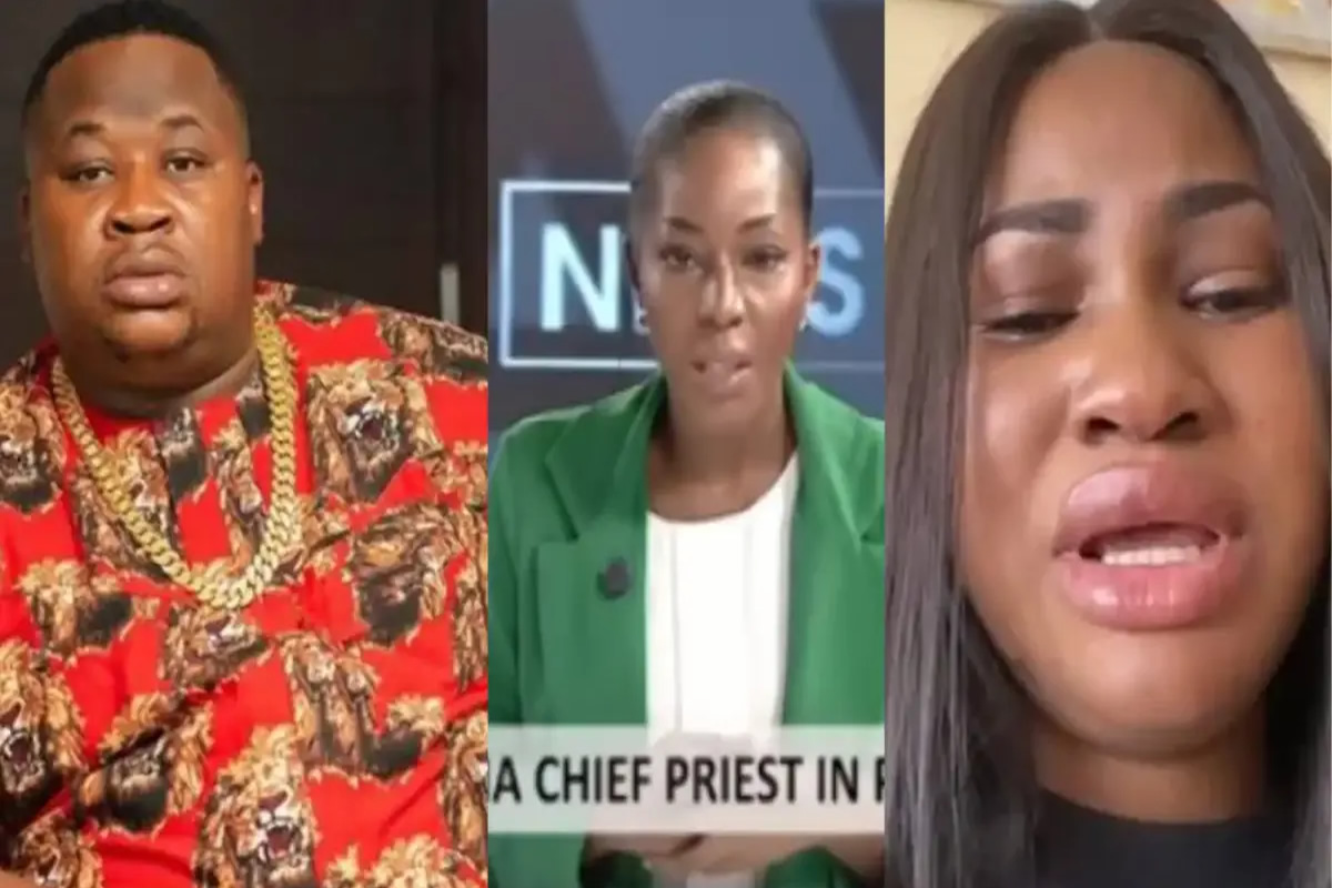 Three-panel collage: man in a red patterned shirt with gold chains, center a female news anchor in a green blazer, right a distressed woman speaking.