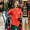 Collage of three men: left a bearded man in sunglasses and a blue varsity jacket with a large gold chain; center Cristiano Ronaldo celebrating in a red Portugal jersey; right two casually dressed men indoors in streetwear.