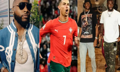 Collage of three men: left a bearded man in sunglasses and a blue varsity jacket with a large gold chain; center Cristiano Ronaldo celebrating in a red Portugal jersey; right two casually dressed men indoors in streetwear.