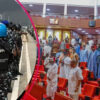 Two-scene image: left side shows uniformed security personnel in camouflage with a blue helmet beside vehicles; right side shows a formal gathering in a red-seated auditorium with attendees in traditional attire and masks.