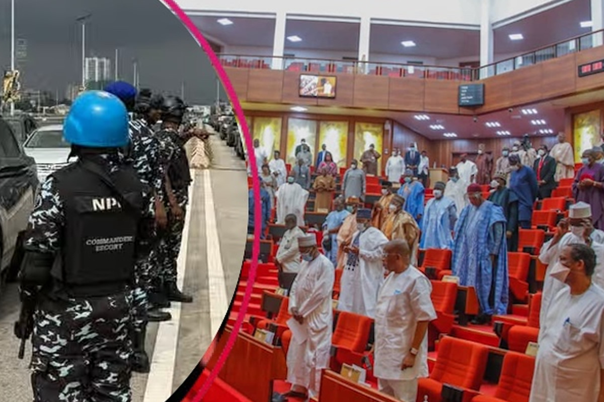 Two-scene image: left side shows uniformed security personnel in camouflage with a blue helmet beside vehicles; right side shows a formal gathering in a red-seated auditorium with attendees in traditional attire and masks.