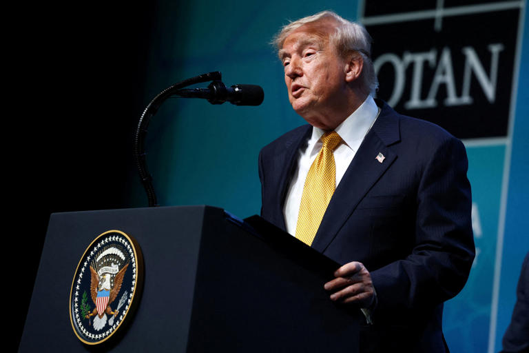 On the 8th, U.S. President Donald Trump speaks at a NATO (North Atlantic Treaty Organization) summit press conference in Turkey. /Reuters-Yonhap