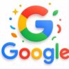 Google brand logo in bright primary colors on a white background with celebratory confetti shapes around it