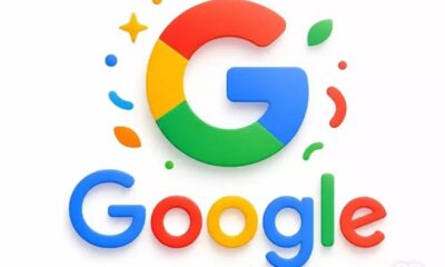 Google brand logo in bright primary colors on a white background with celebratory confetti shapes around it