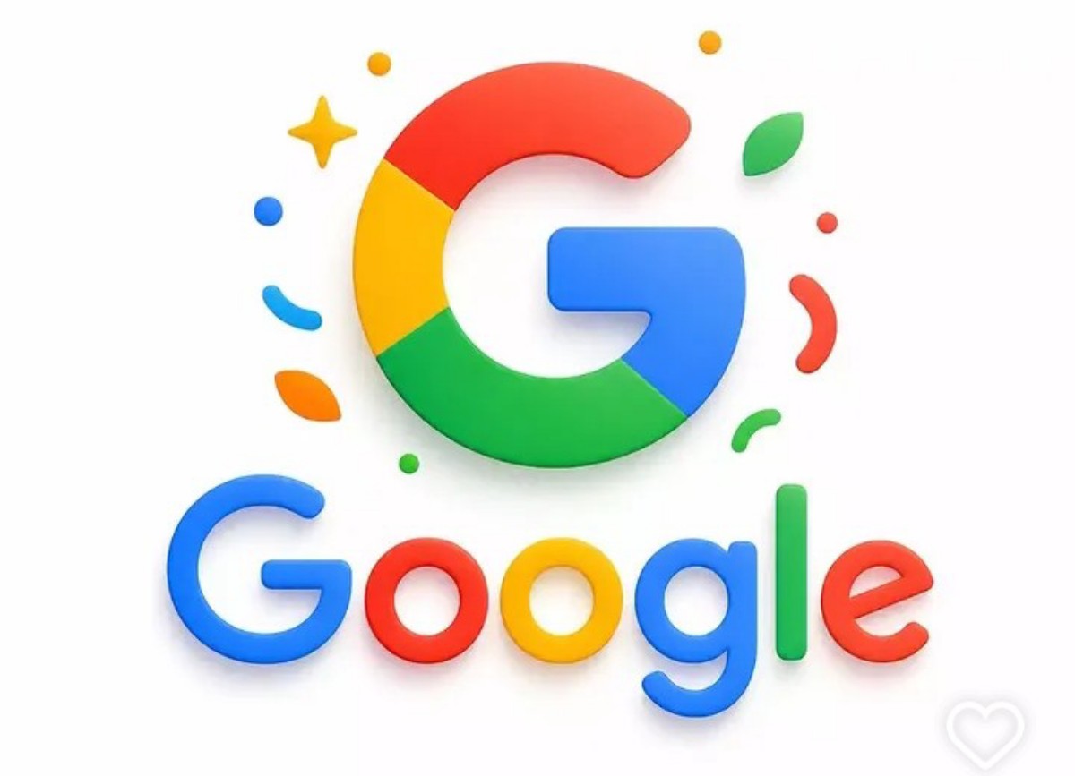 Google brand logo in bright primary colors on a white background with celebratory confetti shapes around it