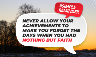 Motivational quote on a white speech bubble over a sunset: 'Never allow your achievements to make you forget the days when you had nothing but faith'.