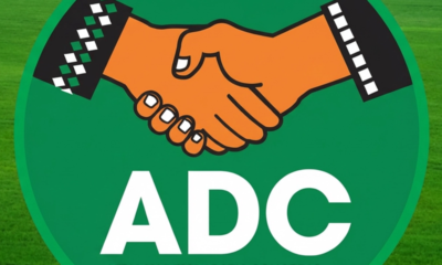 ADC political party logo showing two hands in a handshake inside a green circle, with 'ADC' and 'African Democratic Congress' text
