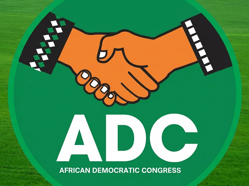 ADC political party logo showing two hands in a handshake inside a green circle, with 'ADC' and 'African Democratic Congress' text