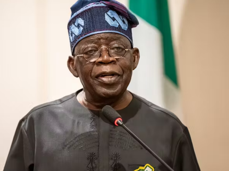 Nigerian man in traditional dark agbada and patterned cap speaks at a microphone, with a flag in the background.