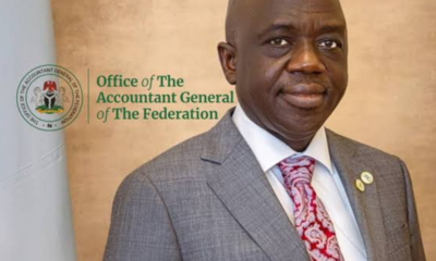 Portrait of a man in a gray suit with a red patterned tie, standing beside a banner that reads 'Office of The Accountant General of The Federation'.