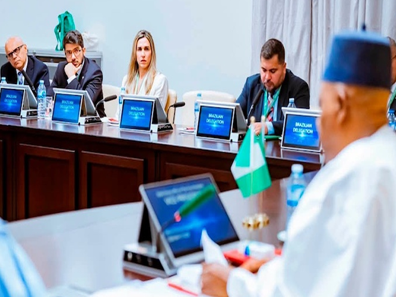 Delegates in a formal meeting sit at a long table with laptops and flags.