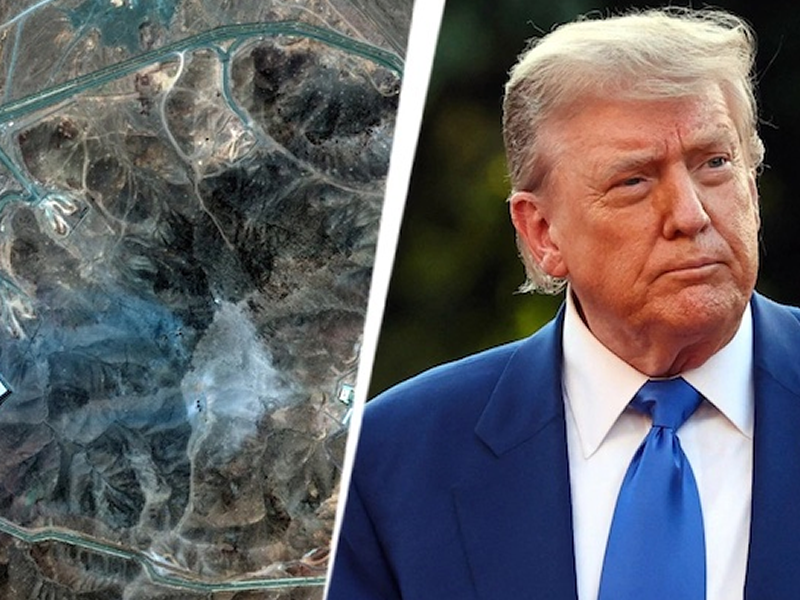 Split image: left aerial view of rugged, arid landscape with roads and winding valleys; right portrait of a man in a dark blue suit and bright blue tie looking to the left.