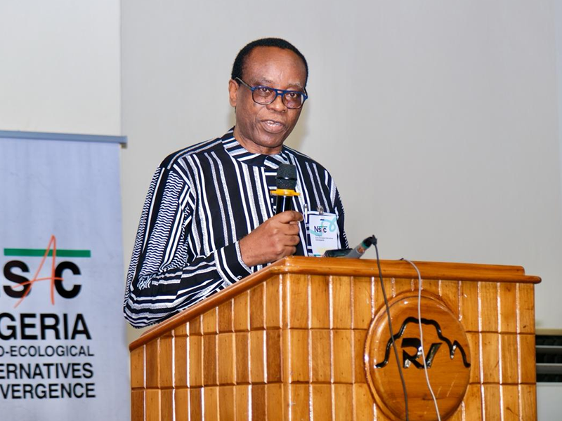 Male speaker at a wooden podium delivering a talk, wearing a striped shirt and glasses, with a microphone and conference badge visible