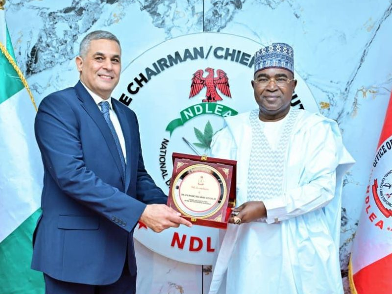 Two men in formal attire exchange a framed plaque at an event in front of an NDL emblem.”] ,