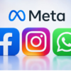 Meta logo with Facebook, Instagram, and WhatsApp icons in front (blue, gradient, and green) on a light background.