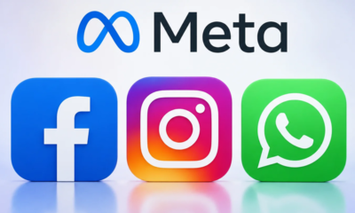 Meta logo with Facebook, Instagram, and WhatsApp icons in front (blue, gradient, and green) on a light background.