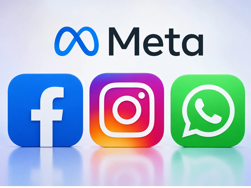 Meta logo with Facebook, Instagram, and WhatsApp icons in front (blue, gradient, and green) on a light background.
