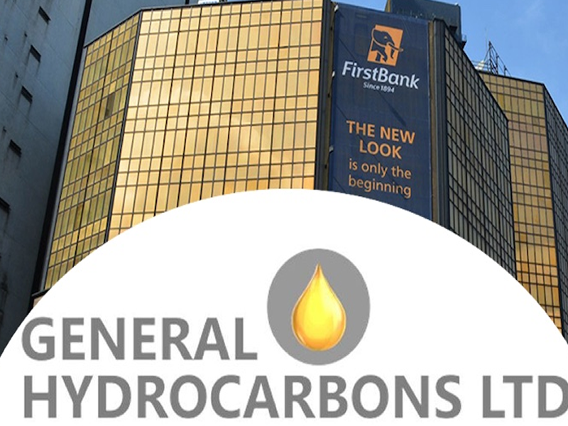 Office building with a FirstBank banner in the background and a foreground General Hydrocarbons Ltd logo featuring a yellow flame within a gray circle.