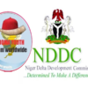 Logo collage: left circular Anioma Youth Forum Worldwide badge with red cap and map, right side NDDC Niger Delta Development Commission logo with crest and green 'NDDC' text.