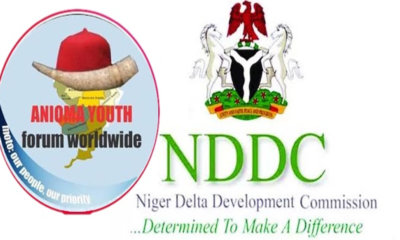 Logo collage: left circular Anioma Youth Forum Worldwide badge with red cap and map, right side NDDC Niger Delta Development Commission logo with crest and green 'NDDC' text.