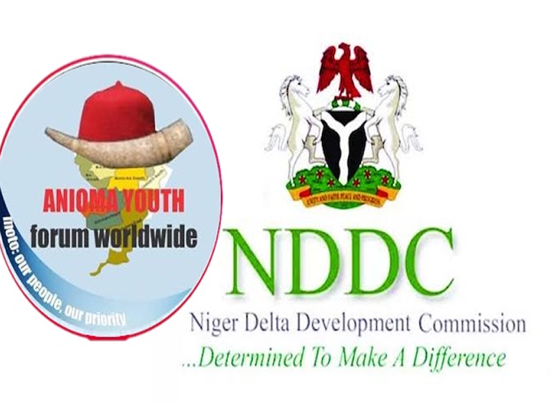 Logo collage: left circular Anioma Youth Forum Worldwide badge with red cap and map, right side NDDC Niger Delta Development Commission logo with crest and green 'NDDC' text.