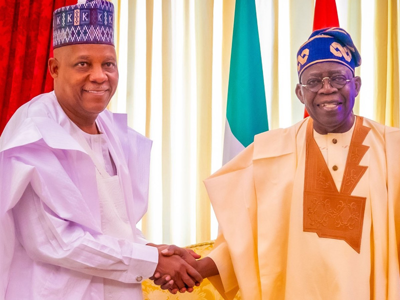 Two men in traditional Nigerian attire shake hands in front of a flag backdrop at a formal event on a bright stage.
