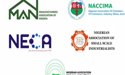 Logo collage of Nigerian business associations: MAN (Manufacturers Association of Nigeria), NACCIMA, NECA, NASSI, and the Nigerian Association of Small and Medium Scale Enterprises Lagos.