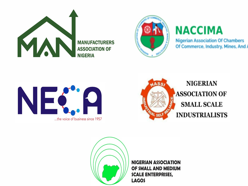 Logo collage of Nigerian business associations: MAN (Manufacturers Association of Nigeria), NACCIMA, NECA, NASSI, and the Nigerian Association of Small and Medium Scale Enterprises Lagos.
