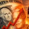 Composite showing a U.S. dollar bill with a red upward arrow and an oil pump, representing rising economy and energy prices.