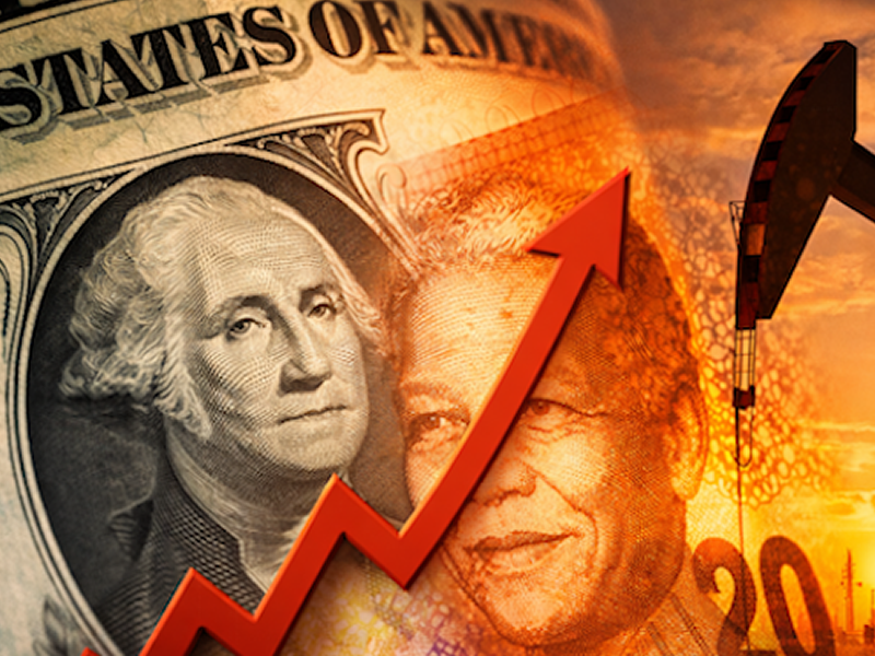 Composite showing a U.S. dollar bill with a red upward arrow and an oil pump, representing rising economy and energy prices.