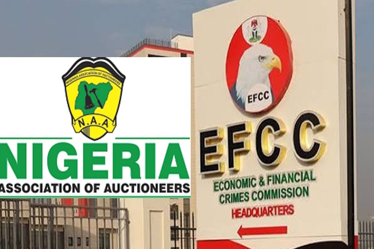 Composite image showing the Nigeria Association of Auctioneers logo and the EFCC headquarters sign in the foreground and background elements.