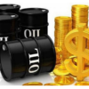 Black oil barrels labeled OIL beside stacks of gold coins and a large dollar sign, symbolizing oil profits.