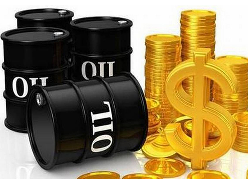 Black oil barrels labeled OIL beside stacks of gold coins and a large dollar sign, symbolizing oil profits.